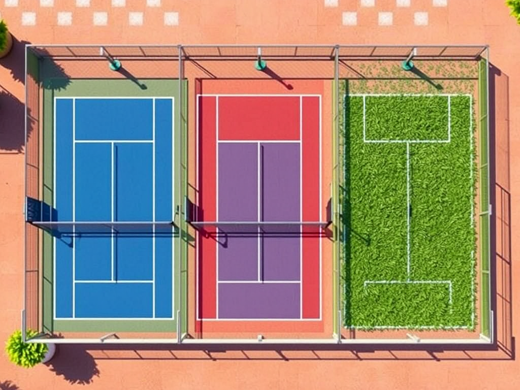 So sánh trực quan ba loại sân tennis phổ biến: sân hardcourt xanh, sân đất nện đỏ và sân cỏ nhân tạo xanh lá, minh họa cho bài viết về thi công sân tennis tiêu chuẩn.