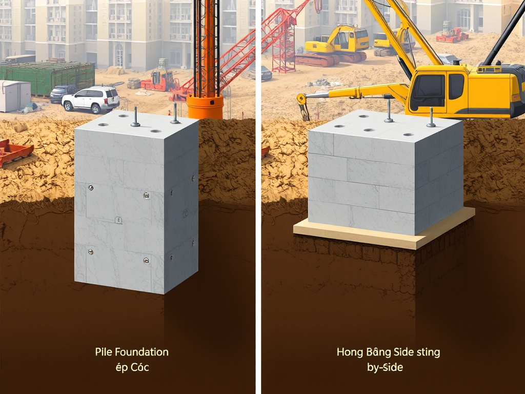 So sánh trực quan móng cọc ép và móng băng trong thi công móng nhà an toàn, thể hiện các đặc điểm cấu trúc chính và ứng dụng thực tế.