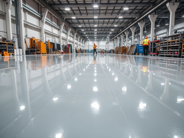 Thi công nền epoxy cho nhà xưởng, bề mặt sáng bóng, phản chiếu ánh đèn, công nhân đang hoàn thiện lớp phủ cuối cùng, đảm bảo độ bền và tính thẩm mỹ cao. Thi công nền epoxy cho nhà xưởng, bề mặt sáng bóng, phản chiếu ánh đèn, công nhân đang hoàn thiện lớp phủ cuối cùng, đảm bảo độ bền và tính thẩm mỹ cao.