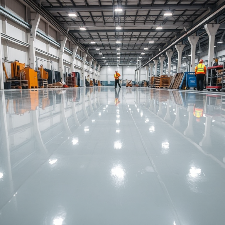 Thi công nền epoxy cho nhà xưởng, bề mặt sáng bóng, phản chiếu ánh đèn, công nhân đang hoàn thiện lớp phủ cuối cùng, đảm bảo độ bền và tính thẩm mỹ cao.
