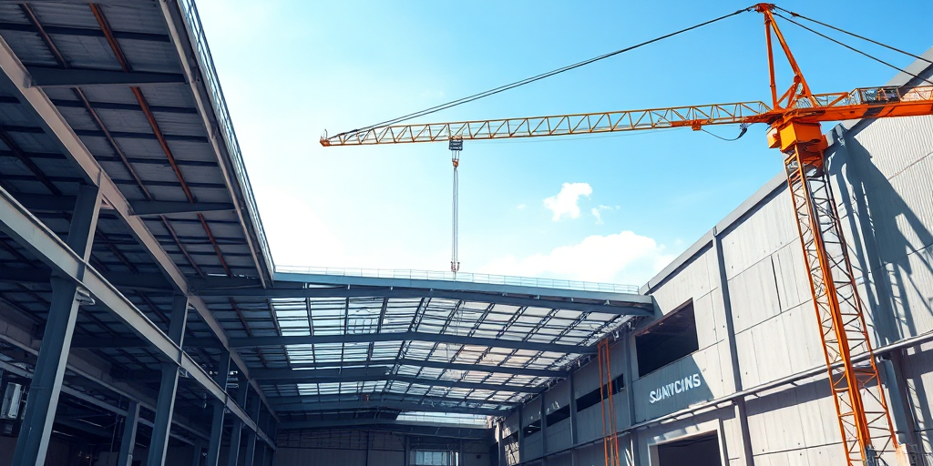 Thi công nhà xưởng công nghiệp 2026: Công trường xây dựng nhà xưởng hiện đại với cần cẩu và công nhân, thể hiện sự phát triển dự án.