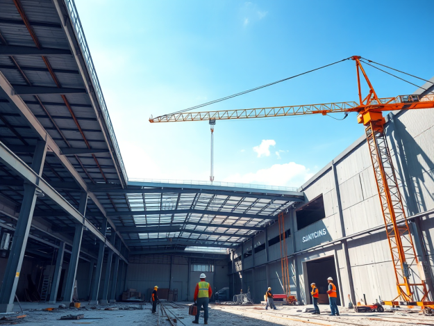 Thi công nhà xưởng công nghiệp 2026: Công trường xây dựng nhà xưởng hiện đại với cần cẩu và công nhân, thể hiện sự phát triển dự án. Thi công nhà xưởng công nghiệp 2026: Công trường xây dựng nhà xưởng hiện đại với cần cẩu và công nhân, thể hiện sự phát triển dự án.
