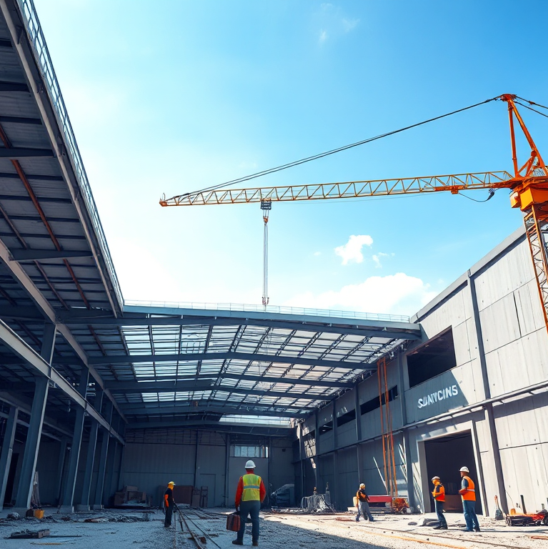 Thi công nhà xưởng công nghiệp 2026: Công trường xây dựng nhà xưởng hiện đại với cần cẩu và công nhân, thể hiện sự phát triển dự án.