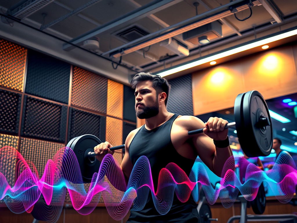 Thi công phòng tập gym hiện đại với vật liệu chống ồn chuyên dụng, giảm tiếng ồn. Người tập thể hình nâng tạ trong không gian yên tĩnh.