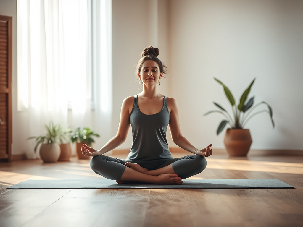 Thi công phòng yoga yên tĩnh với người phụ nữ đang thiền, ánh sáng dịu nhẹ, sàn gỗ tự nhiên tạo không gian thư giãn, lý tưởng cho việc tập luyện.