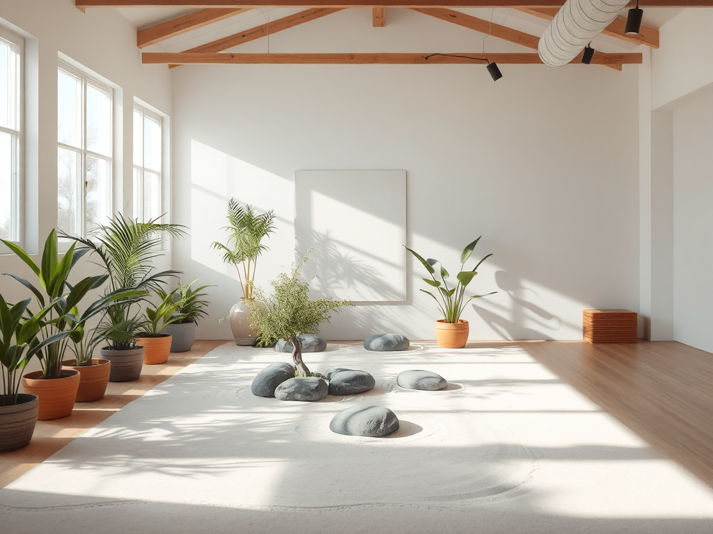Thiết kế phòng yoga yên tĩnh với vườn thiền mini, cây xanh, đá cuội và cát tạo không gian thư giãn, lý tưởng cho thiền định và yoga.