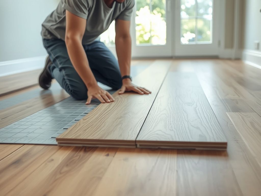 Thợ đang thi công hoàn thiện sàn gỗ công nghiệp: dán lớp lót và lắp đặt ván sàn gỗ công nghiệp, đảm bảo kỹ thuật và thẩm mỹ.