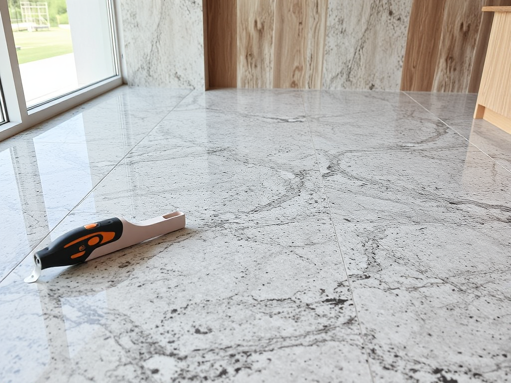 Thợ đang thi công lát đá granite, sử dụng bay để trải keo dán, đảm bảo độ phẳng bằng thước thủy chuẩn, minh họa quy trình xây dựng. Thợ đang thi công lát đá granite, sử dụng bay để trải keo dán, đảm bảo độ phẳng bằng thước thủy chuẩn, minh họa quy trình xây dựng.