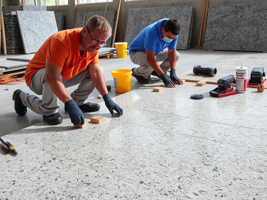 Thợ đang thi công lát đá granite tỉ mỉ, sử dụng keo dán và căn chỉnh mạch ron đều tại công trình xây dựng ở TP.HCM. Thợ đang thi công lát đá granite tỉ mỉ, sử dụng keo dán và căn chỉnh mạch ron đều tại công trình xây dựng ở TP.HCM.