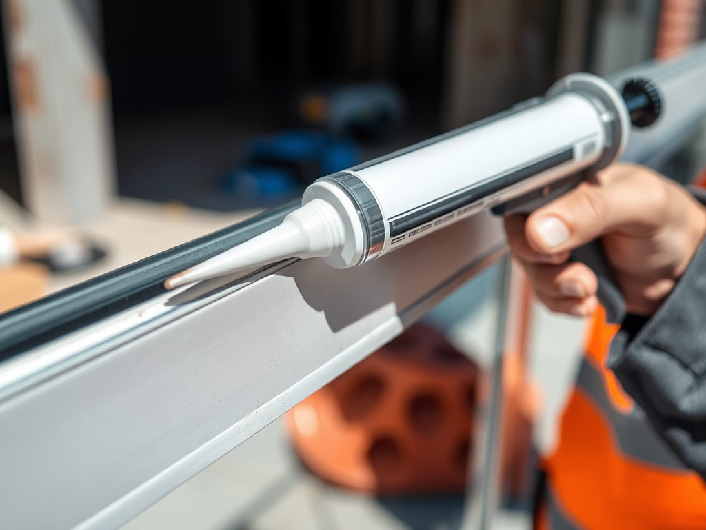 Thợ đang thi công vách kính cường lực, bơm keo silicone vào khe hở, đảm bảo kín khít cho mặt tiền công trình. Thợ đang thi công vách kính cường lực, bơm keo silicone vào khe hở, đảm bảo kín khít cho mặt tiền công trình.