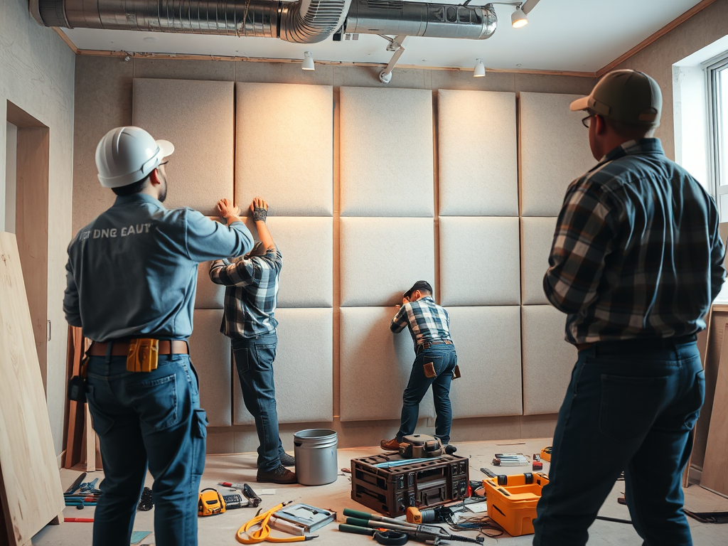 Thợ xây dựng đang thi công hệ thống cách âm cho phòng, gắn các tấm panel cách âm lên tường, ánh sáng tốt, thể hiện quy trình.