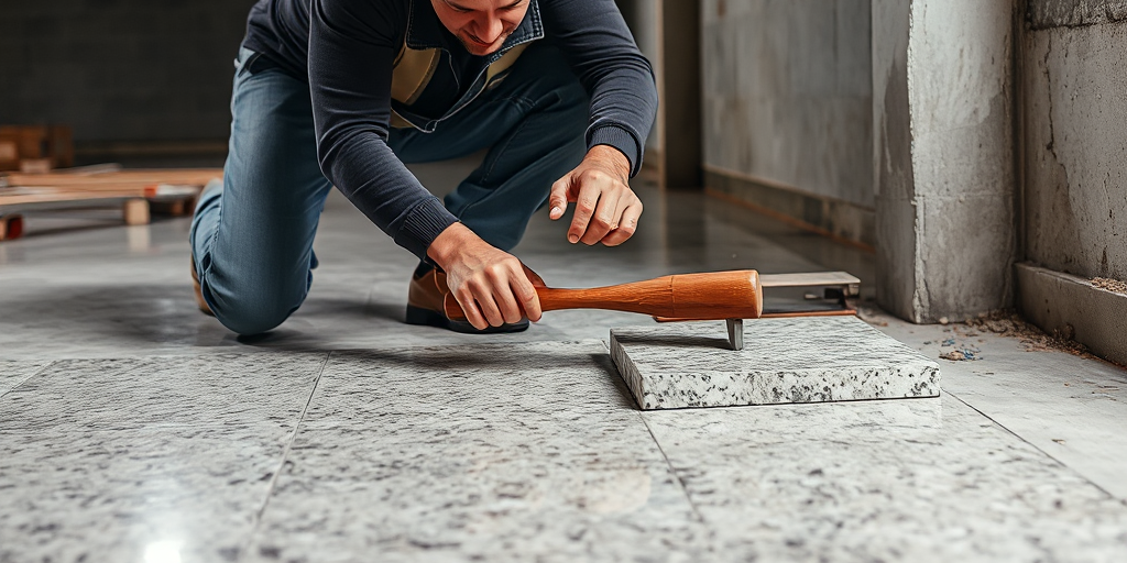Thợ xây lành nghề đang thi công lát đá granite trên sàn bê tông đã chuẩn bị, sử dụng búa cao su và thước đo để đảm bảo độ chính xác. Thợ xây lành nghề đang thi công lát đá granite trên sàn bê tông đã chuẩn bị, sử dụng búa cao su và thước đo để đảm bảo độ chính xác.