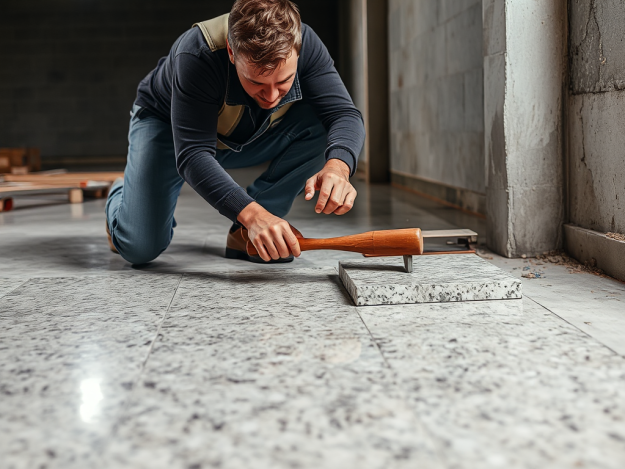 Thợ xây lành nghề đang thi công lát đá granite trên sàn bê tông đã chuẩn bị, sử dụng búa cao su và thước đo để đảm bảo độ chính xác. Thợ xây lành nghề đang thi công lát đá granite trên sàn bê tông đã chuẩn bị, sử dụng búa cao su và thước đo để đảm bảo độ chính xác.