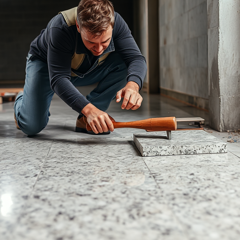 Thợ xây lành nghề đang thi công lát đá granite trên sàn bê tông đã chuẩn bị, sử dụng búa cao su và thước đo để đảm bảo độ chính xác.
