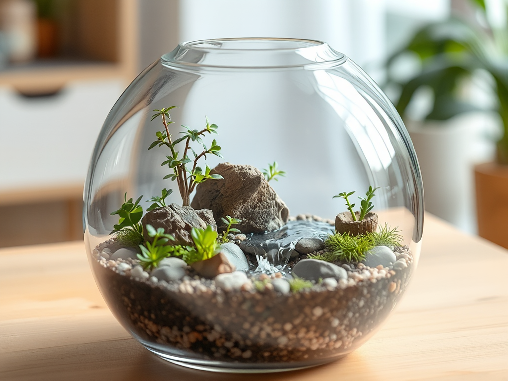 Tiểu cảnh mini trong nhà với cây xanh, đá và thác nước nhỏ trong terrarium thủy tinh. Phù hợp không gian nhỏ, minh họa cho thi công tiểu cảnh trong nhà.