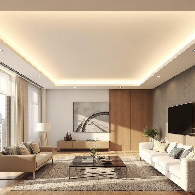 Trần xuyên sáng được thi công hoàn hảo trong phòng khách hiện đại, ánh sáng lan tỏa dịu nhẹ, tạo không gian ấm cúng và sang trọng, thể hiện kỹ thuật thi công trần xuyên sáng chuyên nghiệp.