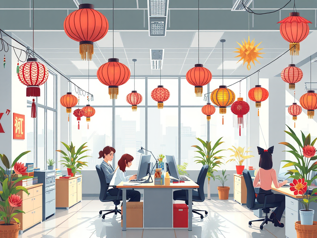 Trang trí Tết văn phòng sử dụng vật liệu tái chế: lồng đèn giấy từ lịch cũ, tre, hoa giấy origami. Hình ảnh minh họa cho bài viết về thi công trang trí tết văn phòng.