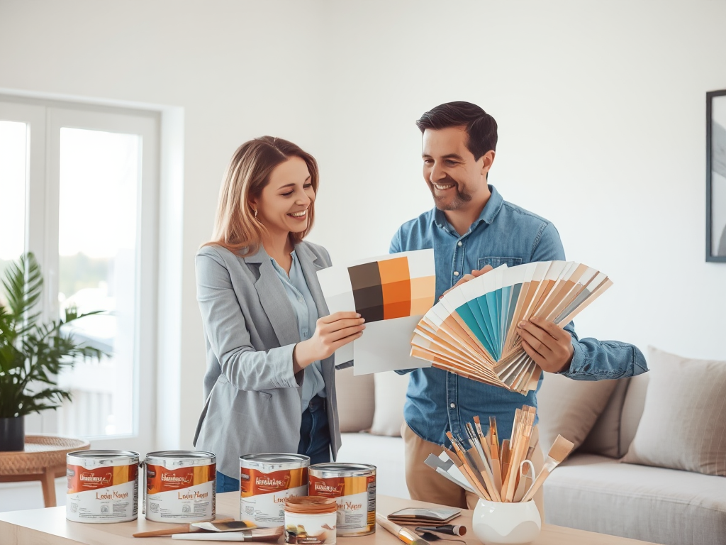 Tư vấn **dịch vụ sơn hoàn thiện nội thất**, chuyên gia giới thiệu bảng màu và mẫu sơn cho khách hàng trong phòng khách hiện đại, nhiều ánh sáng tự nhiên.